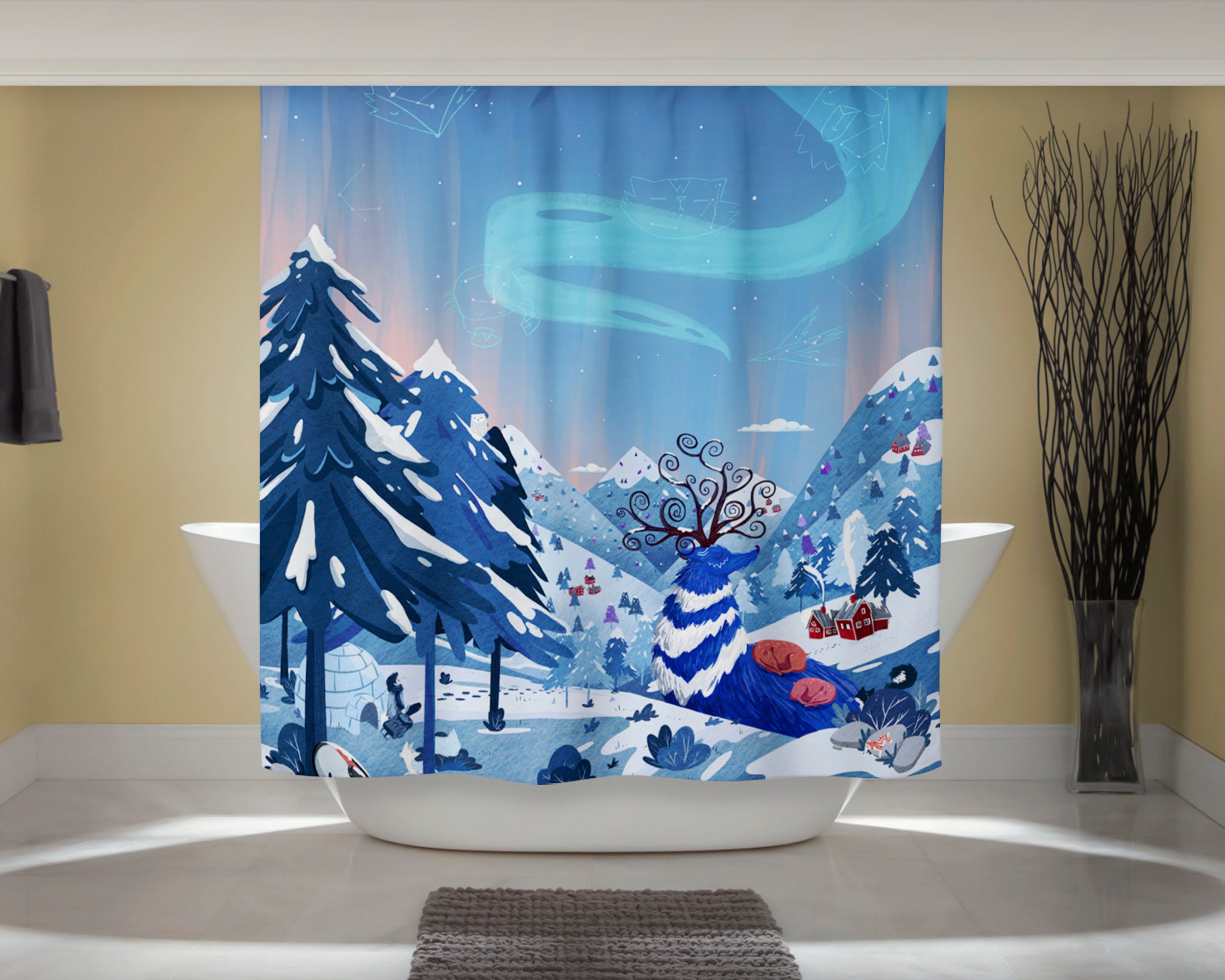 Northern Lights Art Fun Shower Curtain With Whimsical Animal And Nature Design,