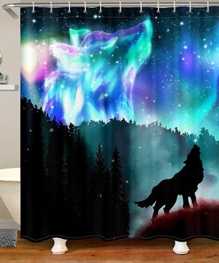 Northern Lights Galaxy Wolf Shower Curtain For Kids Bathroom