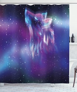 Northern Starry Sky Wolf Aurora Shower Curtain, Psychedelic Borealis Display Cloth Fabric Bathroom Decors