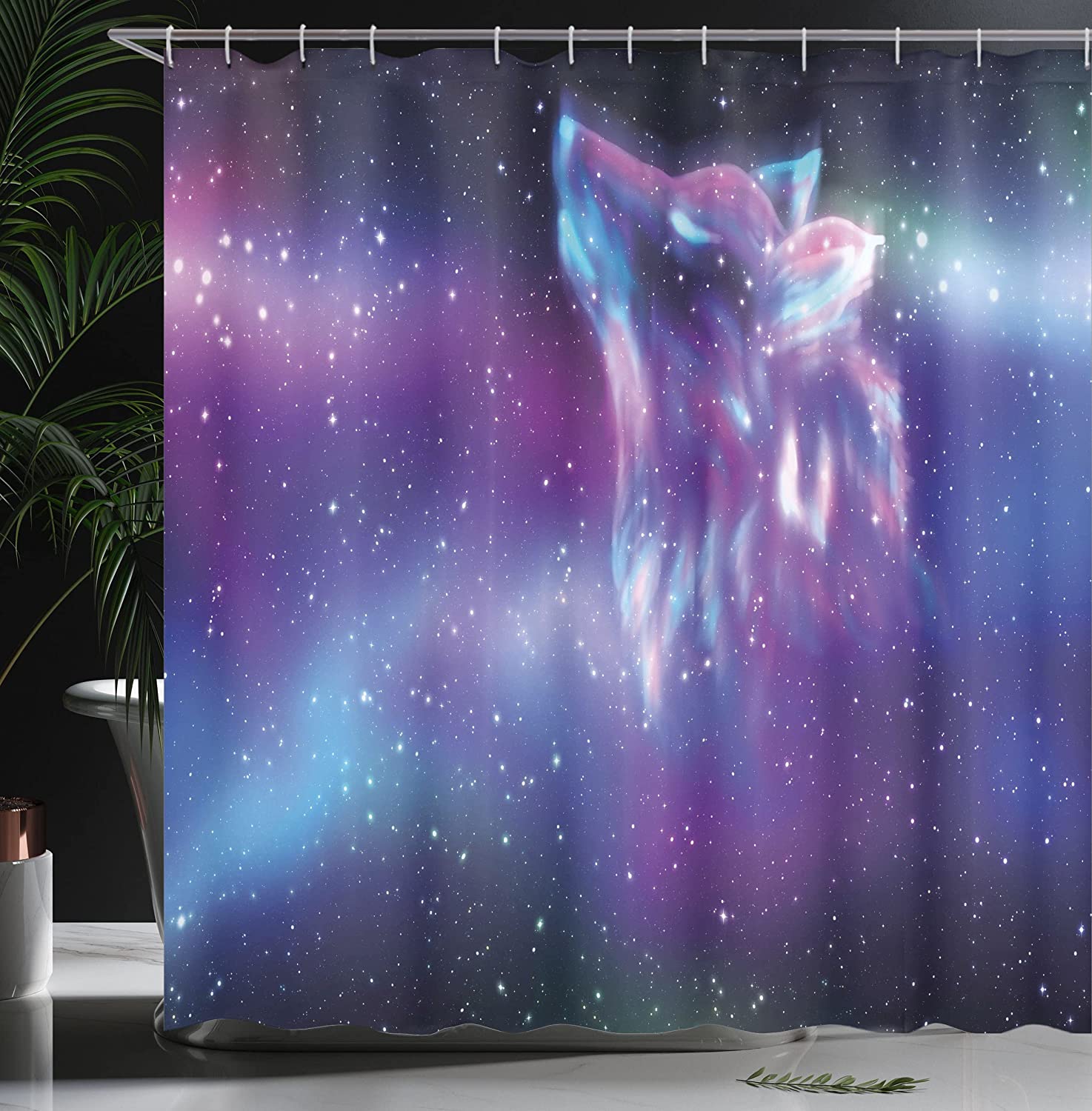 Northern Starry Sky Wolf Aurora Shower Curtain, Psychedelic Borealis Display Cloth Fabric Bathroom Decors - Image 3