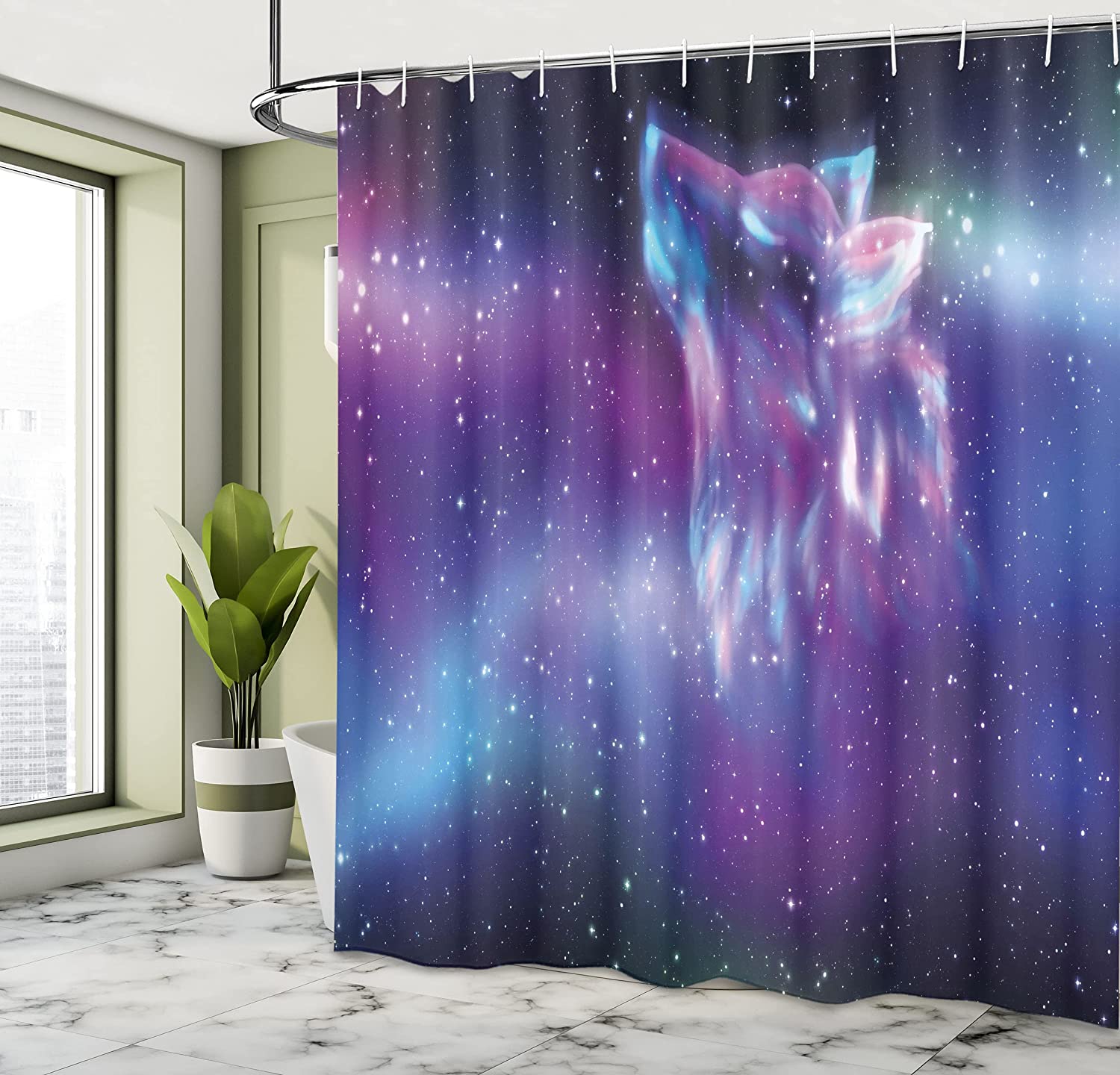 Northern Starry Sky Wolf Aurora Shower Curtain, Psychedelic Borealis Display Cloth Fabric Bathroom Decors - Image 4