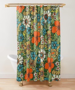 Nostalgic Geometric Pattern Shower Curtain With 70S Plate Design For Retro-Inspired Bathroom Decor