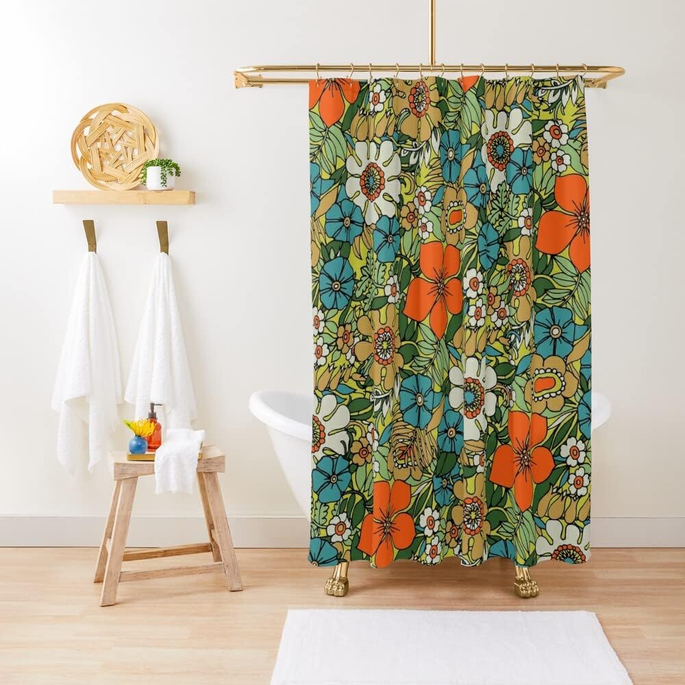 Nostalgic Geometric Pattern Shower Curtain With 70S Plate Design For Retro-Inspired Bathroom Decor - Image 2