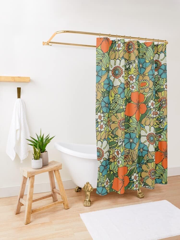 Nostalgic Geometric Pattern Shower Curtain With 70S Plate Design For Retro-Inspired Bathroom Decor - Image 3