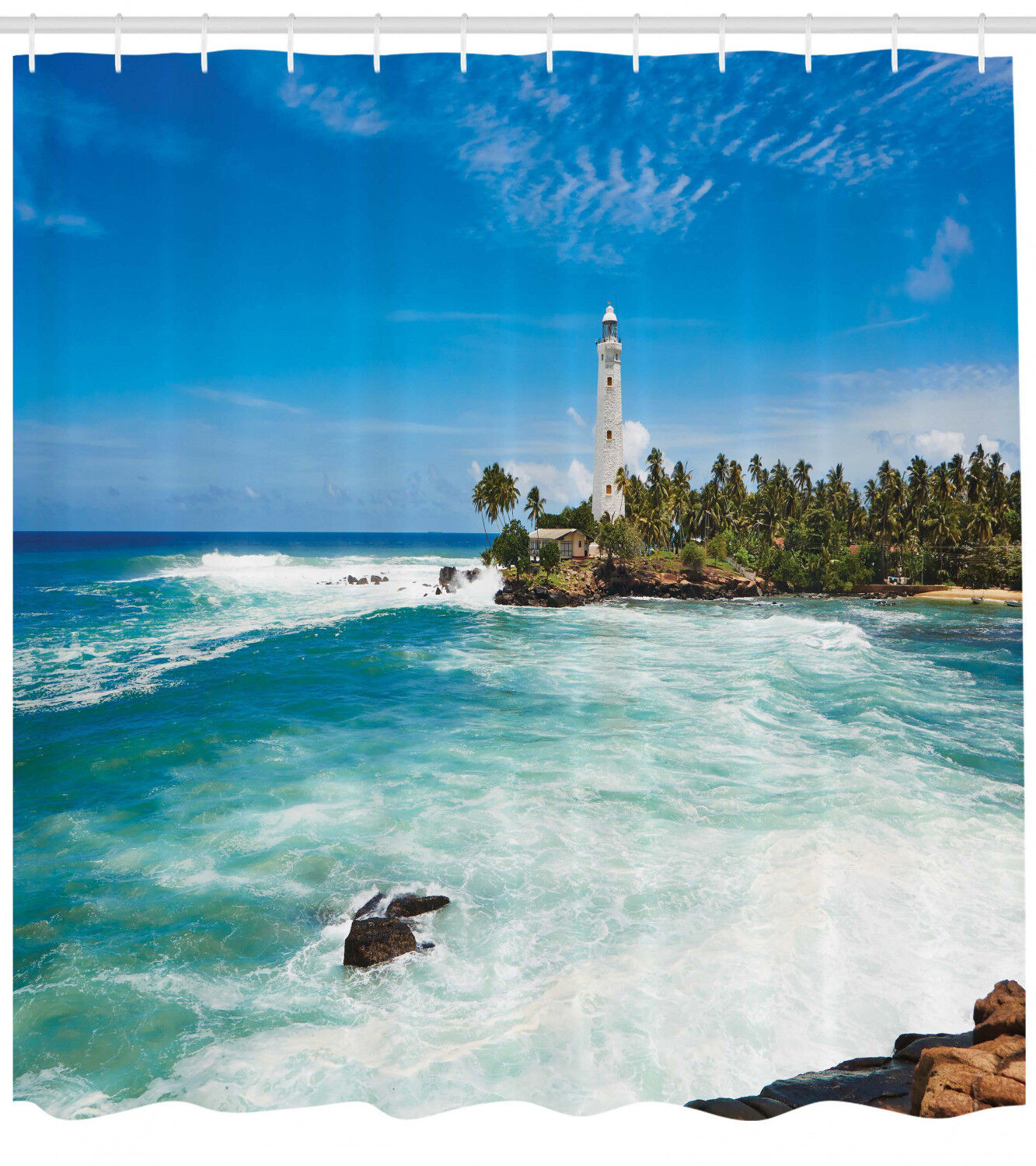 Nostalgic Seaside Dreams: Lighthouse and Palm Trees Seaside Shower Curtain