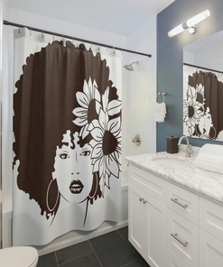 Nubian Sista Afro and Sunflowers Print Shower Curtain, Fabric Bathroom Decor for Home Bath
