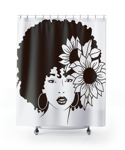 Nubian Sista Afro and Sunflowers Print Shower Curtain, Fabric Bathroom Decor for Home Bath
