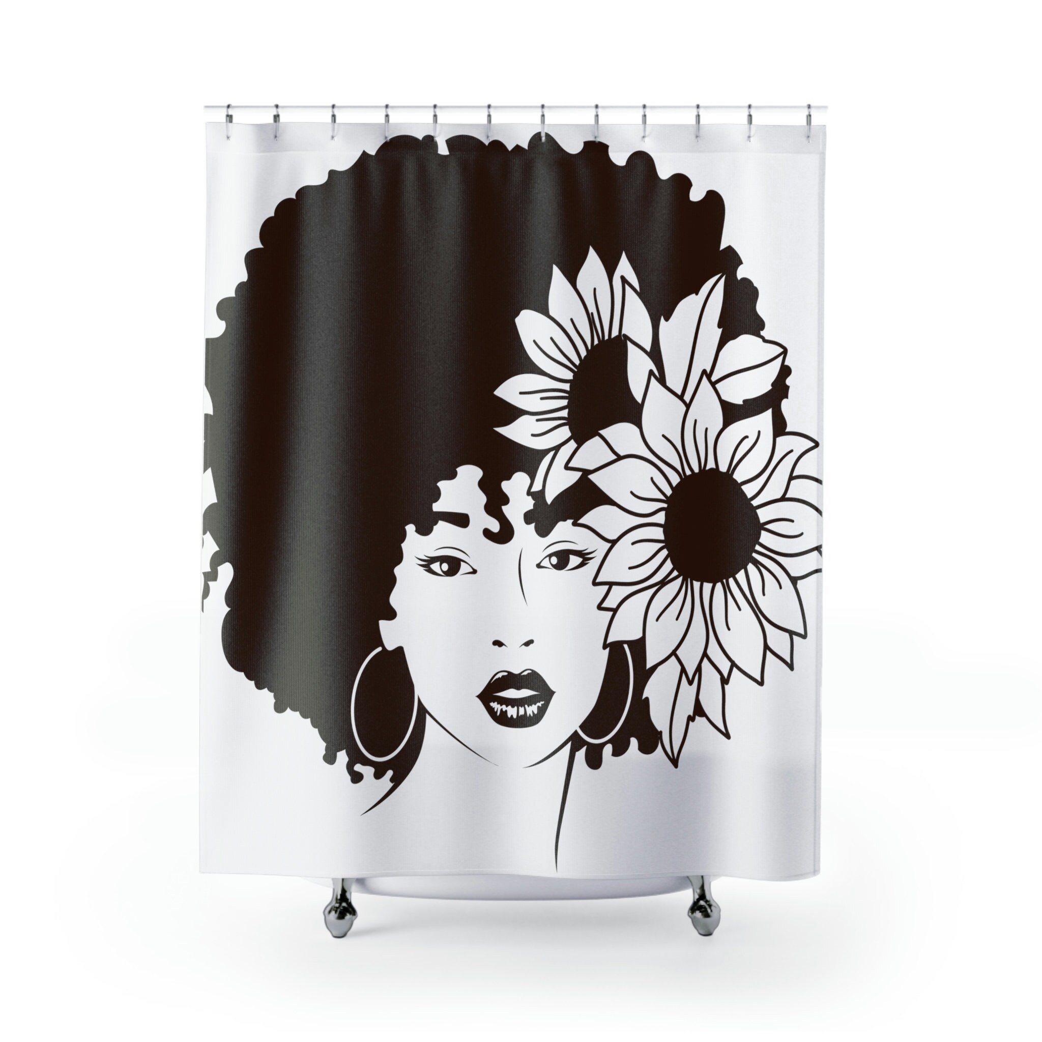 Nubian Sista Afro and Sunflowers Print Shower Curtain, Fabric Bathroom Decor for Home Bath