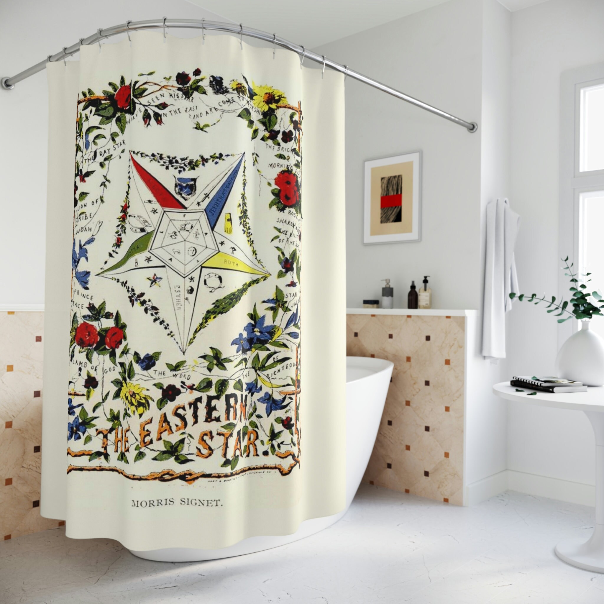 OES Lodge Eastern Star Shower Curtain for Masonic Bathroom Decor