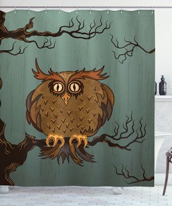 Oak Tree Haunted House Owl Theme Night time Cartoon Art Shower Curtain for Bathroom Decor