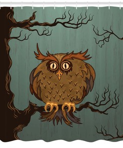 Oak Tree Haunted House Owl Theme Night time Cartoon Art Shower Curtain for Bathroom Decor