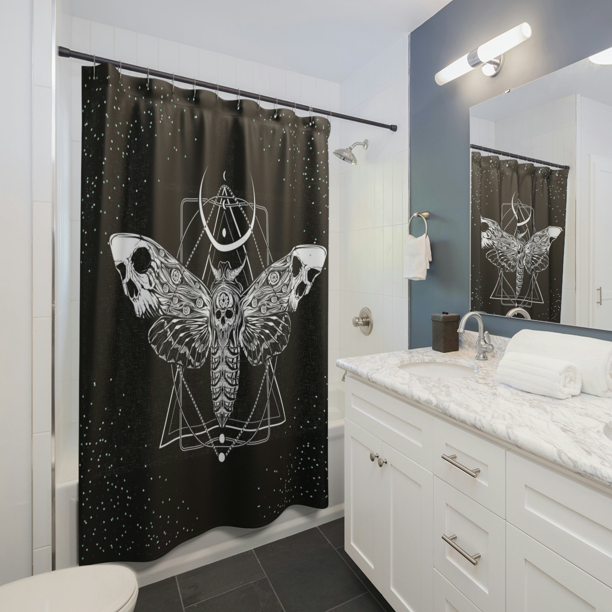 Occult Moth Skull Fabric Shower Curtain - Occult Witch Bathroom Decor