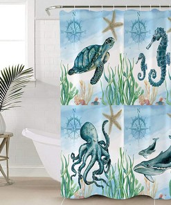 Ocean Animals Sea Turtle Seahorse Octopus Whale Shower Curtain for Bathroom Decor