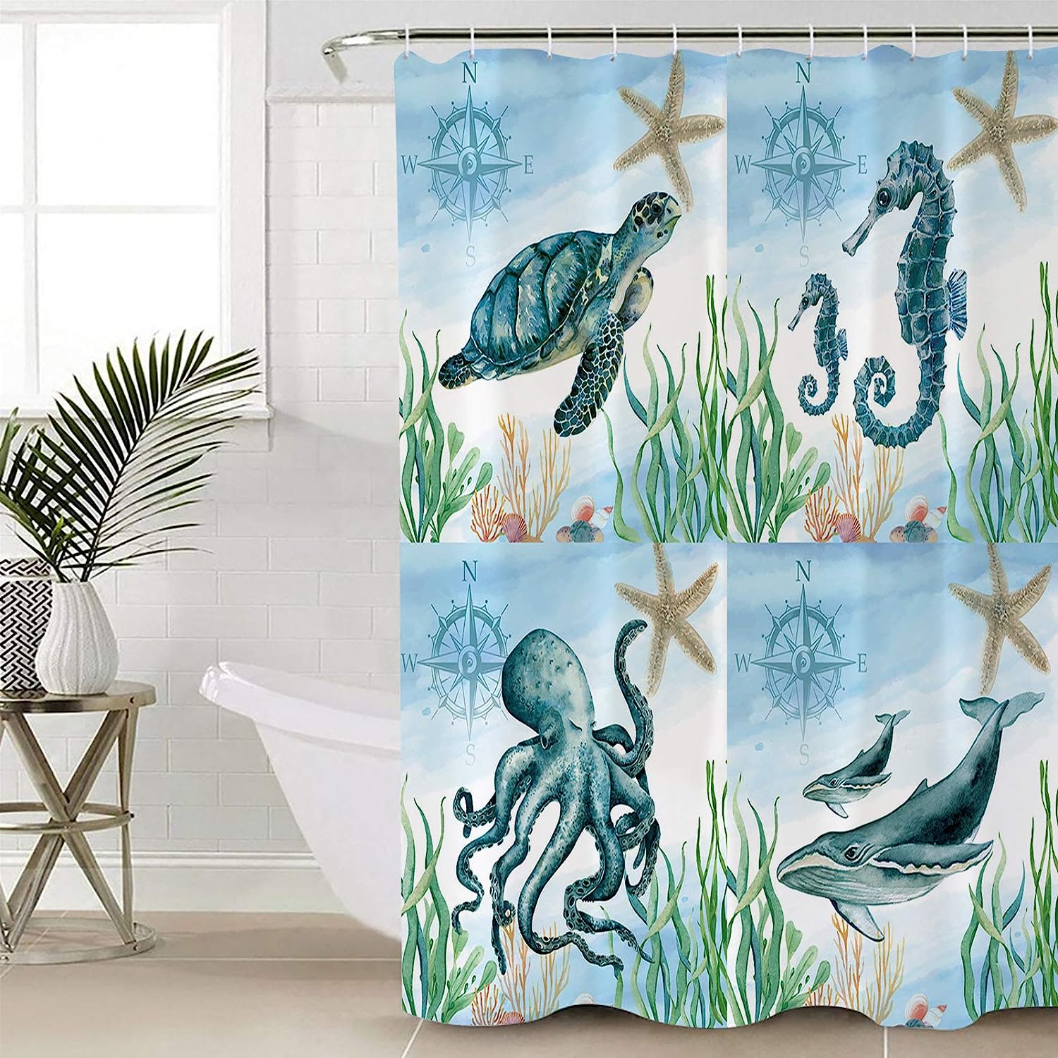 Ocean Animals Sea Turtle Seahorse Octopus Whale Shower Curtain for Bathroom Decor