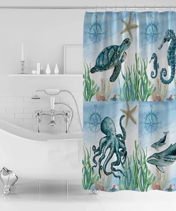 Ocean Animals Sea Turtle Seahorse Octopus Whale Shower Curtain for Bathroom Decor