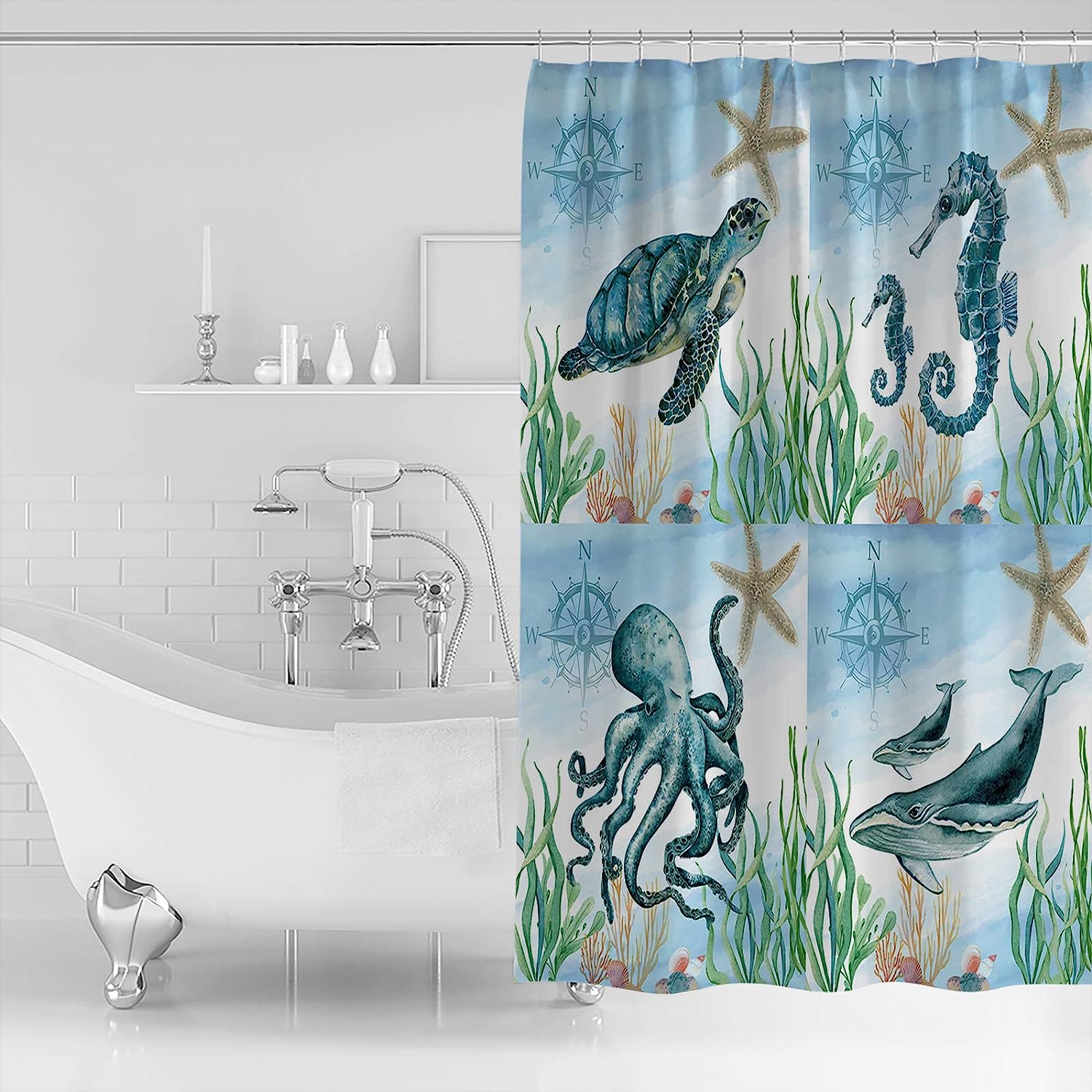 Ocean Animals Sea Turtle Seahorse Octopus Whale Shower Curtain for Bathroom Decor