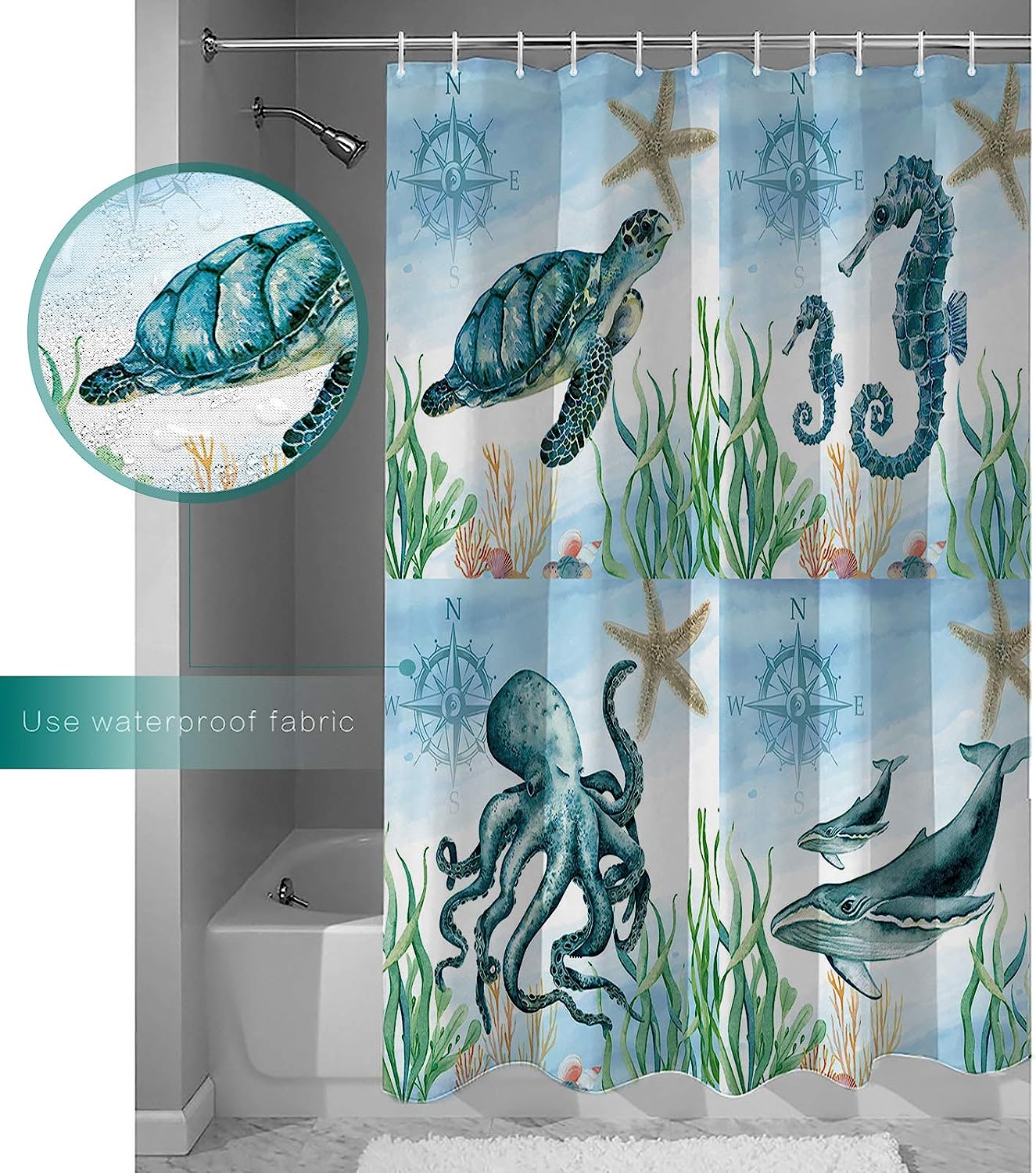 Ocean Animals Sea Turtle Seahorse Octopus Whale Shower Curtain for Bathroom Decor