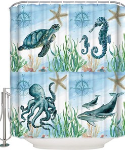 Ocean Animals Sea Turtle Seahorse Octopus Whale Shower Curtain for Bathroom Decor