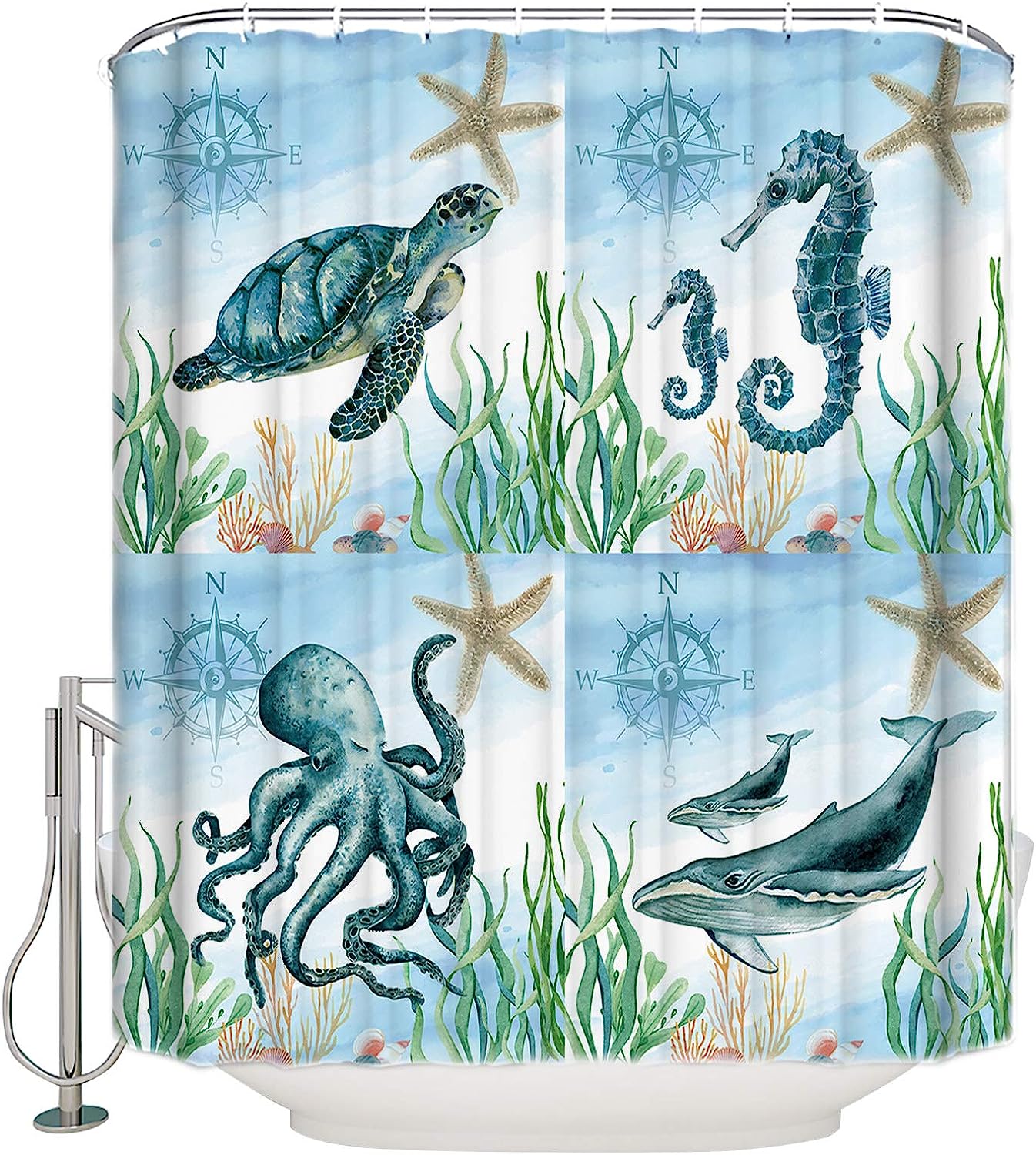 Ocean Animals Sea Turtle Seahorse Octopus Whale Shower Curtain for Bathroom Decor
