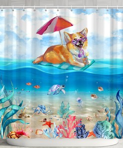 Ocean Beach Dog Shower Curtain - Funny Kids Bathroom Decor