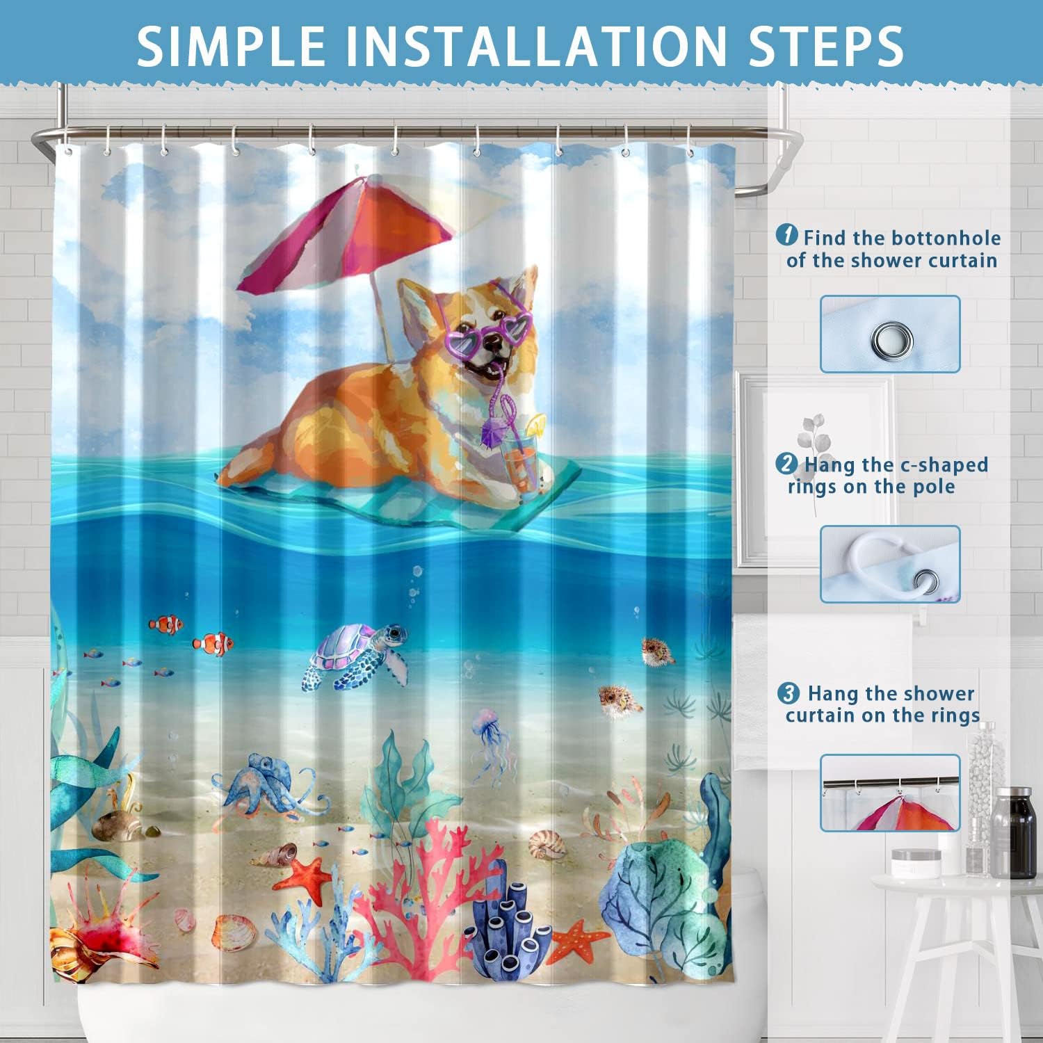 Ocean Beach Dog Shower Curtain - Funny Kids Bathroom Decor