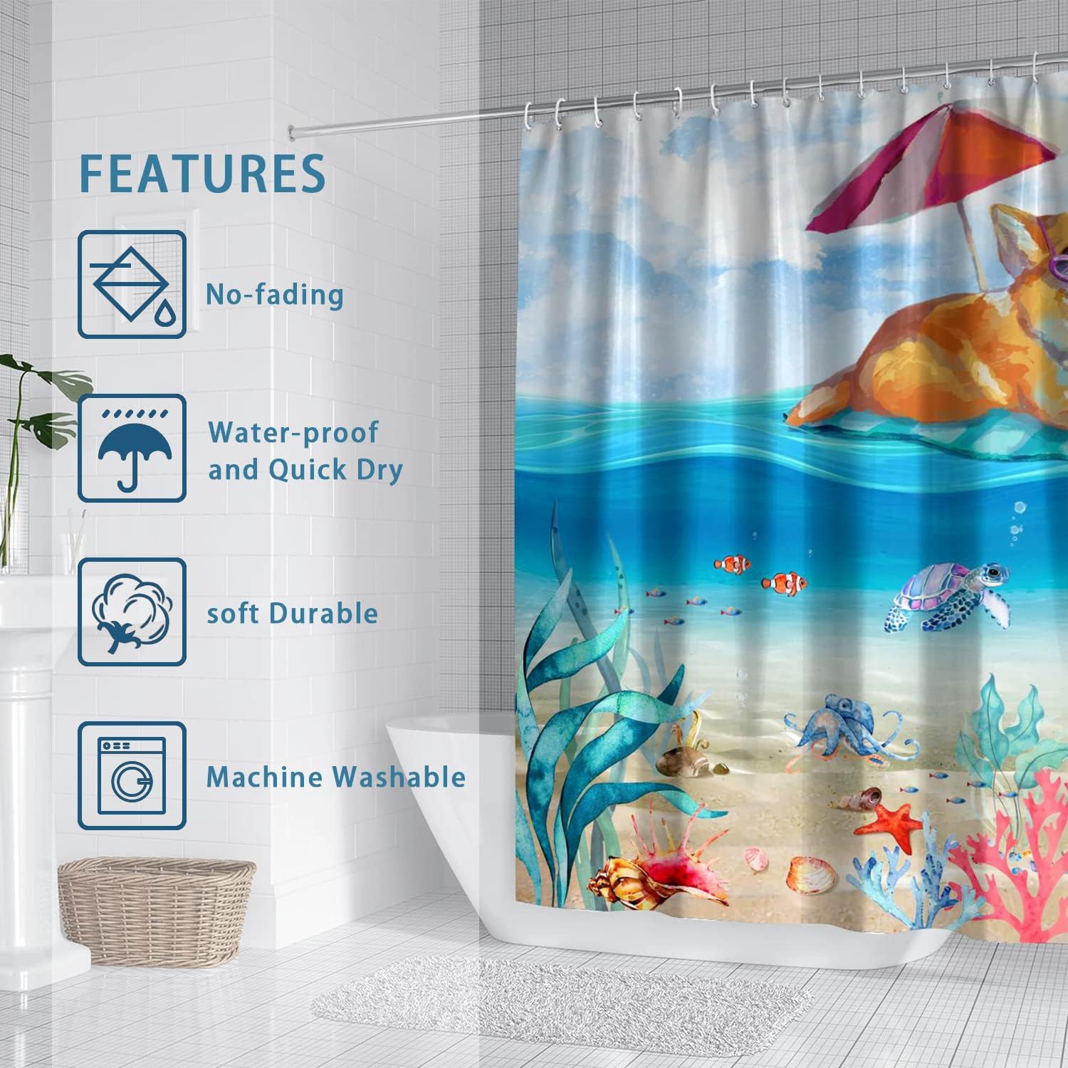Ocean Beach Dog Shower Curtain - Funny Kids Bathroom Decor