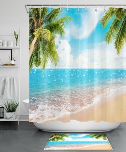 Ocean Beach Green Palm Trees Shower Curtain with Tropical Design, for Bathroom Accessory 