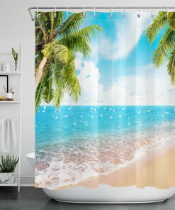 Ocean Beach Green Palm Trees Shower Curtain with Tropical Design, for Bathroom Accessory
