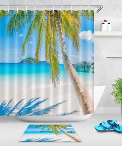 Ocean Beach Scenery Shower Curtain with Palm Tree Tropical Design, for Bathroom Fabric 
