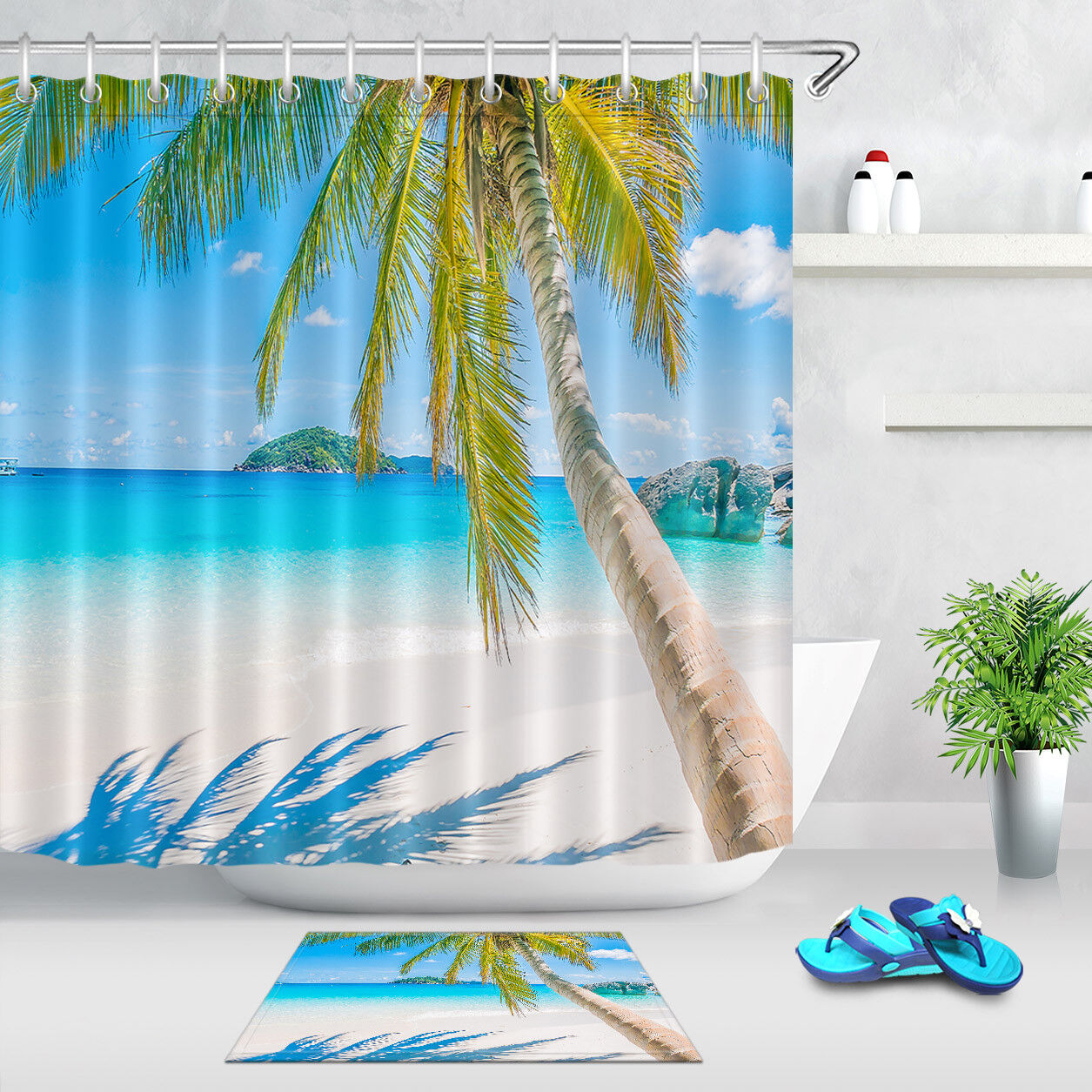 Ocean Beach Scenery Shower Curtain with Palm Tree Tropical Design, for Bathroom Fabric