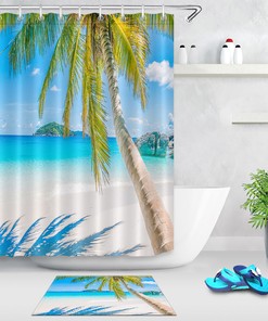 Ocean Beach Scenery Shower Curtain with Palm Tree Tropical Design, for Bathroom Fabric
