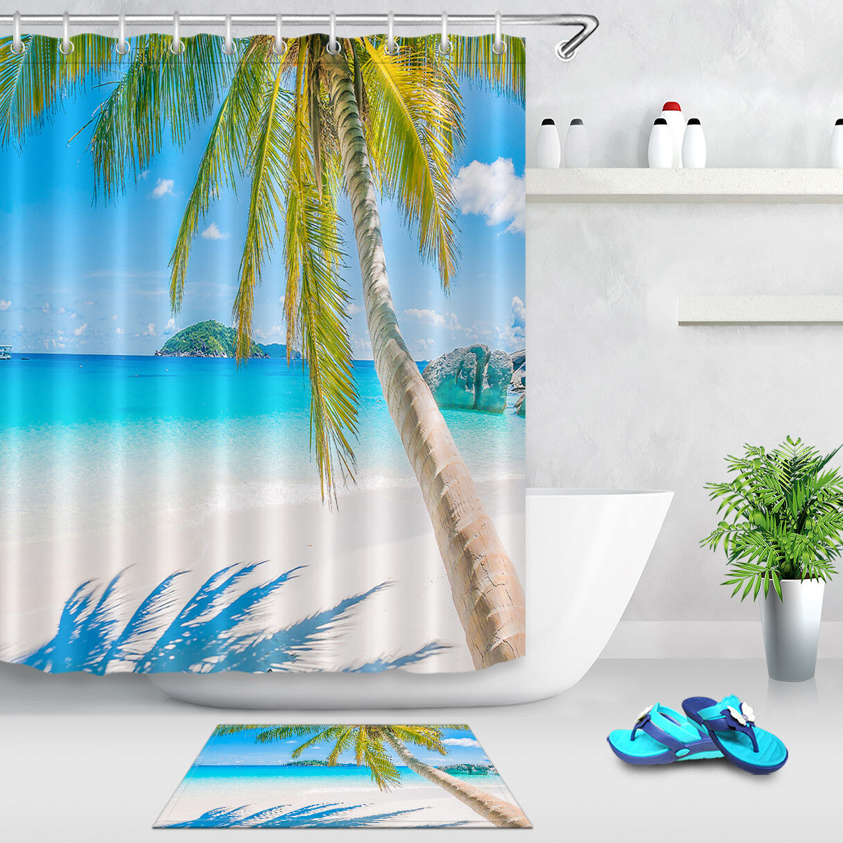 Ocean Beach Scenery Shower Curtain with Palm Tree Tropical Design, for Bathroom Fabric