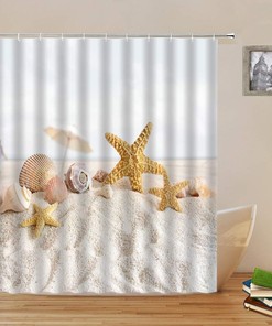 Ocean Beach Shower Curtain Sea Scenery Starfish Conch Shell Bathroom Cloth
