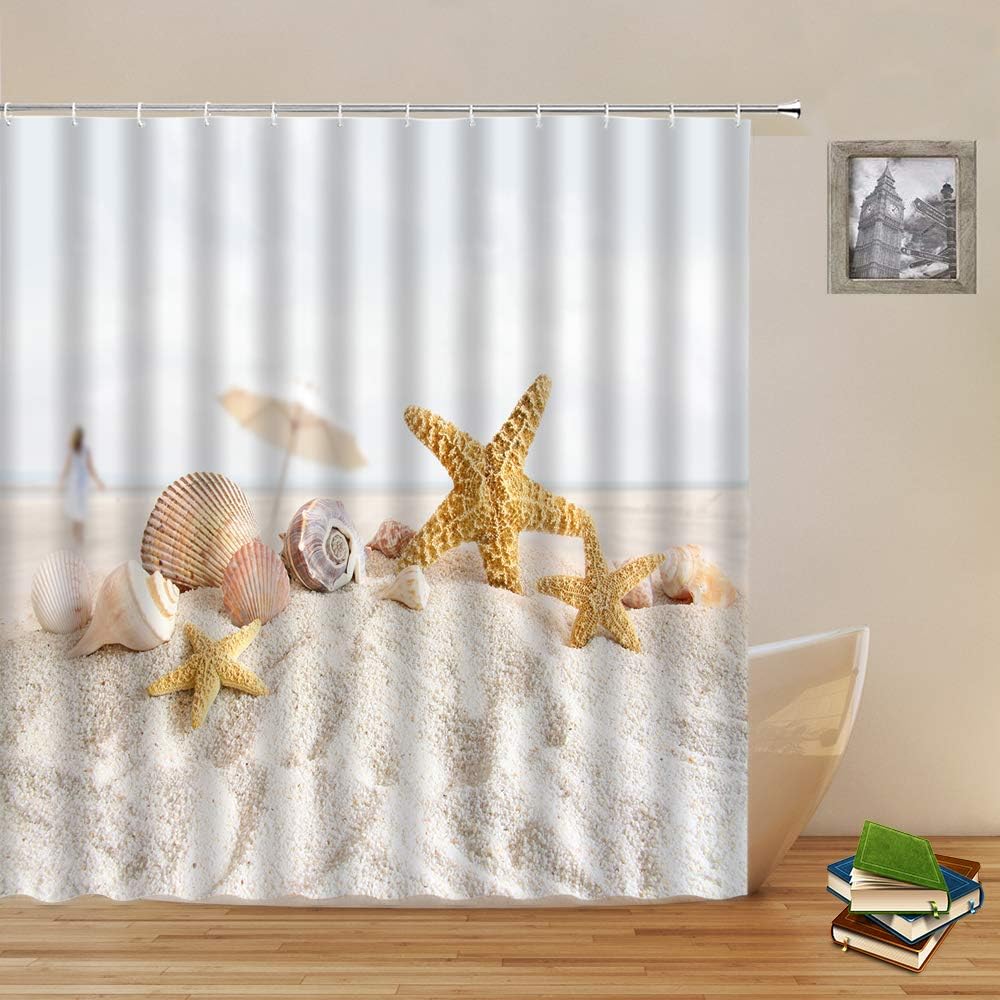 Ocean Beach Shower Curtain Sea Scenery Starfish Conch Shell Bathroom Cloth