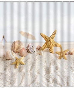 Ocean Beach Shower Curtain Sea Scenery Starfish Conch Shell Bathroom Cloth