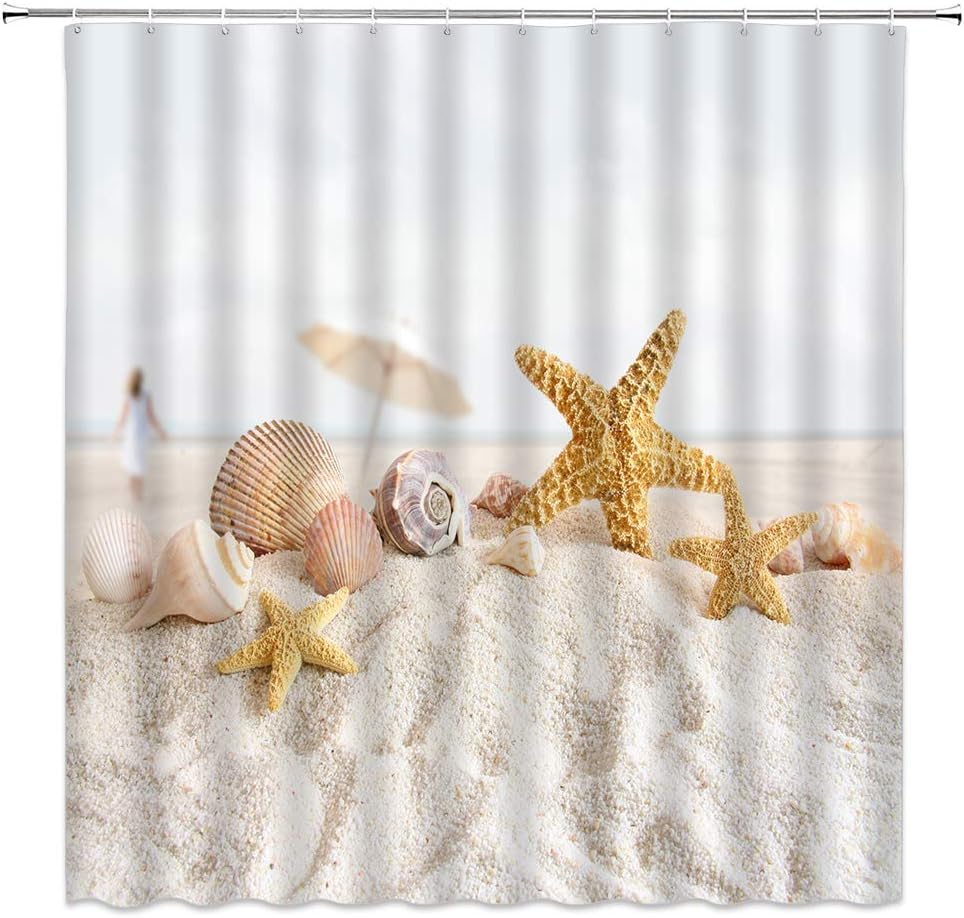 Ocean Beach Shower Curtain Sea Scenery Starfish Conch Shell Bathroom Cloth