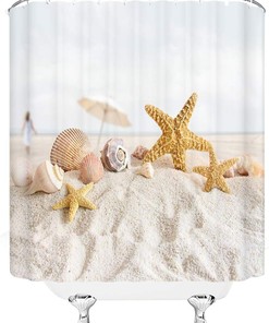 Ocean Beach Shower Curtain Sea Scenery Starfish Conch Shell Bathroom Cloth