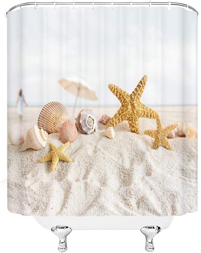 Ocean Beach Shower Curtain Sea Scenery Starfish Conch Shell Bathroom Cloth