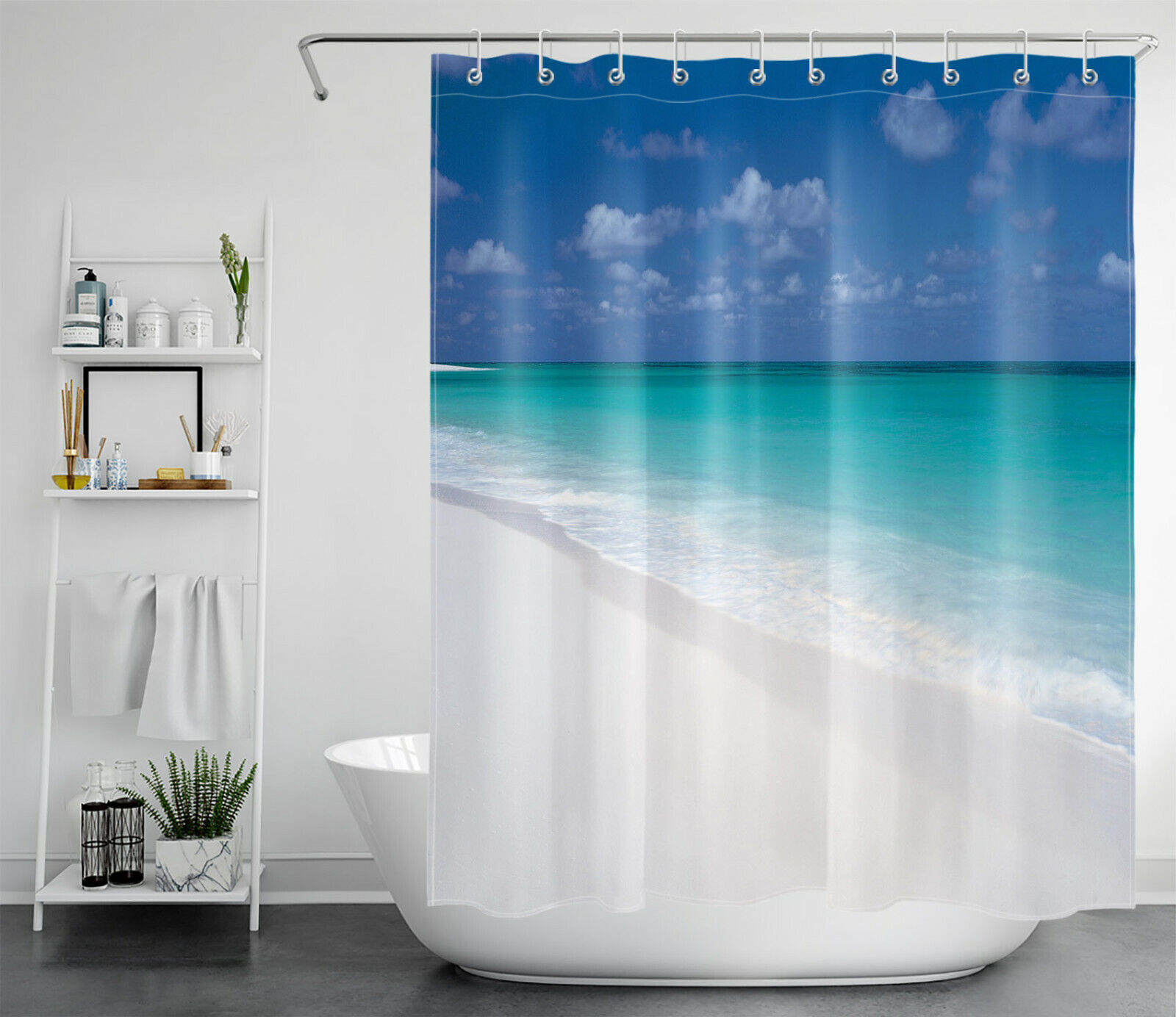 Ocean Beach Shower Curtain with Tropical Design, Natural Scenery for Bathroom Bathtub Decor