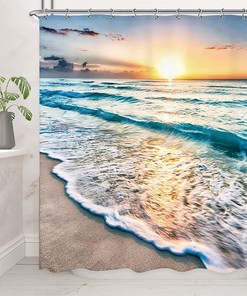 Ocean Beach Themed Scene Print Fabric Shower Curtain, Sunrise Sunset View Hawaii Seashore Summer