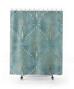 Ocean Blue Green & Gold Abstract Fan Pattern Art Nouveau Shower Curtain - Vintage Bathroom Accessory