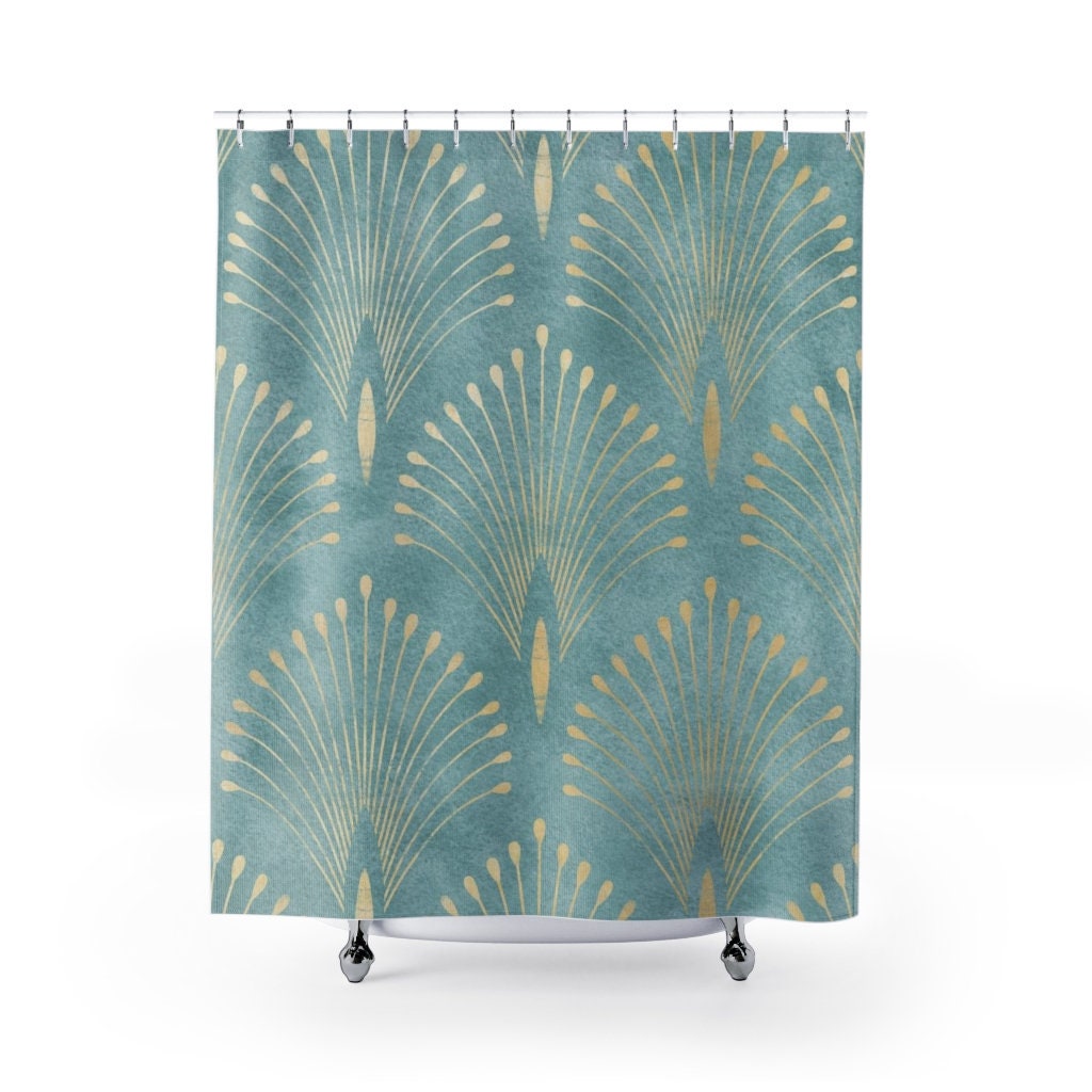 Ocean Blue Green & Gold Abstract Fan Pattern Art Nouveau Shower Curtain - Vintage Bathroom Accessory