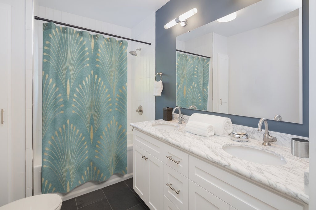 Ocean Blue Green & Gold Abstract Fan Pattern Art Nouveau Shower Curtain - Vintage Bathroom Accessory - Image 2