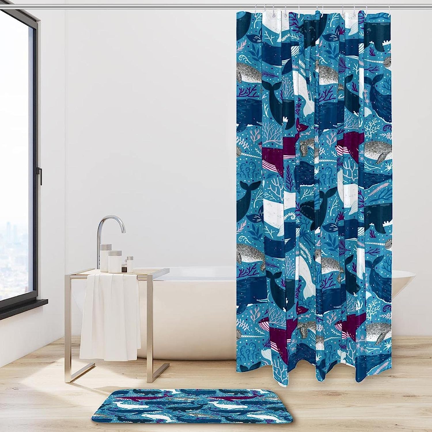 Ocean Blue Shark Pattern Shower Curtain, Fun Bathroom Print
