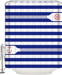 Ocean Coastal Anchor and Rudderes Striped Shower Curtain with Waterproof Bathtub Curtain