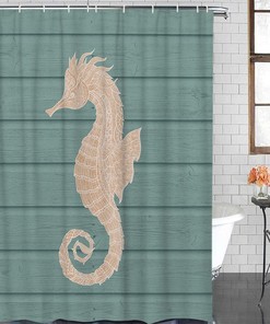 Ocean Creatures Beach Seahorse Cyan Shower Curtain, Waterproof Fabric Bathroom Decor