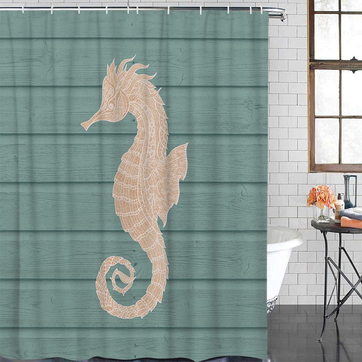 Ocean Creatures Beach Seahorse Cyan Shower Curtain, Waterproof Fabric Bathroom Decor
