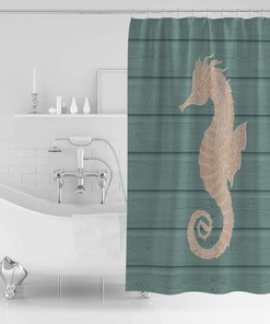 Ocean Creatures Beach Seahorse Cyan Shower Curtain, Waterproof Fabric Bathroom Decor