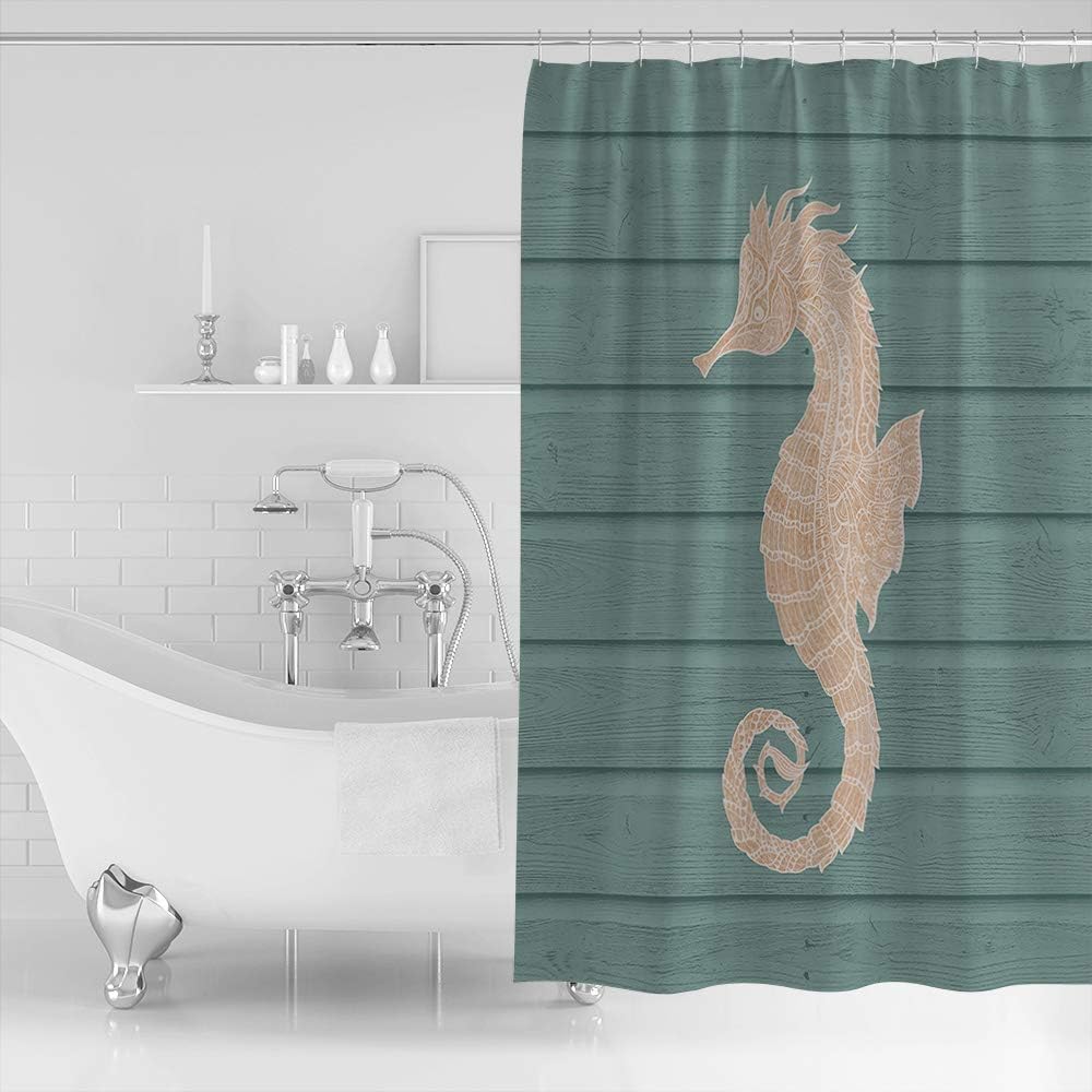 Ocean Creatures Beach Seahorse Cyan Shower Curtain, Waterproof Fabric Bathroom Decor