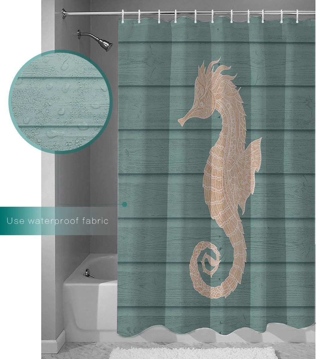 Ocean Creatures Beach Seahorse Cyan Shower Curtain, Waterproof Fabric Bathroom Decor